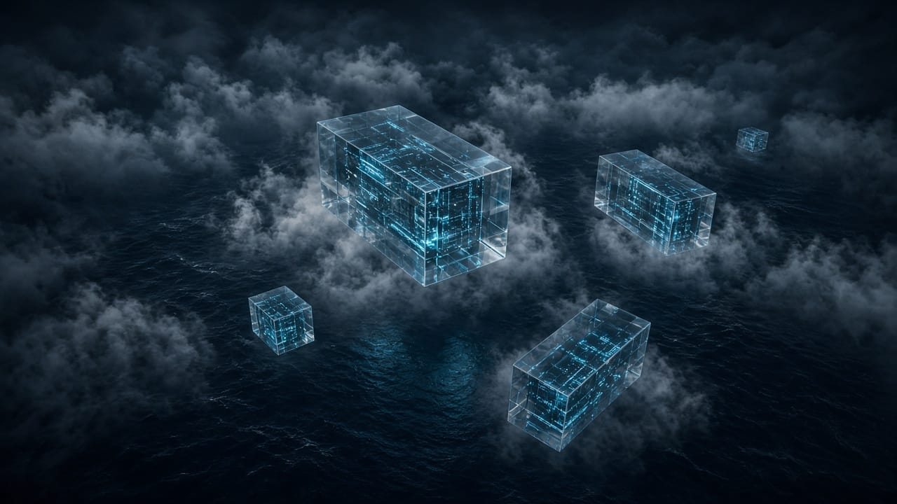 Glass data center prisms floating above a dark ocean at night