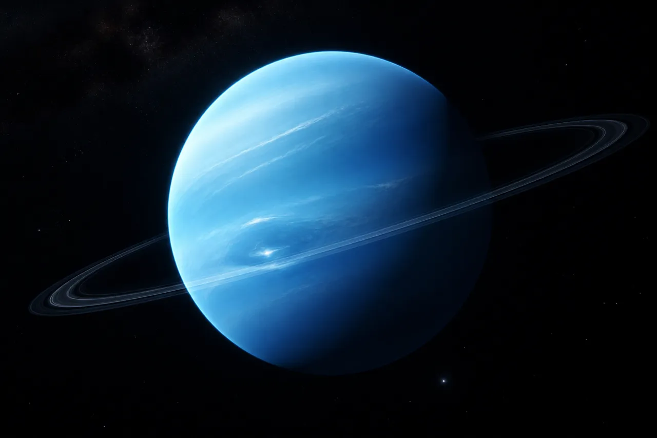 Ice blue planet with a thin silver ring in deep space